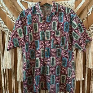 Vintage Geometric Print Pink And Blue Button Down Short Sleeve Shirt Men’s Sz M